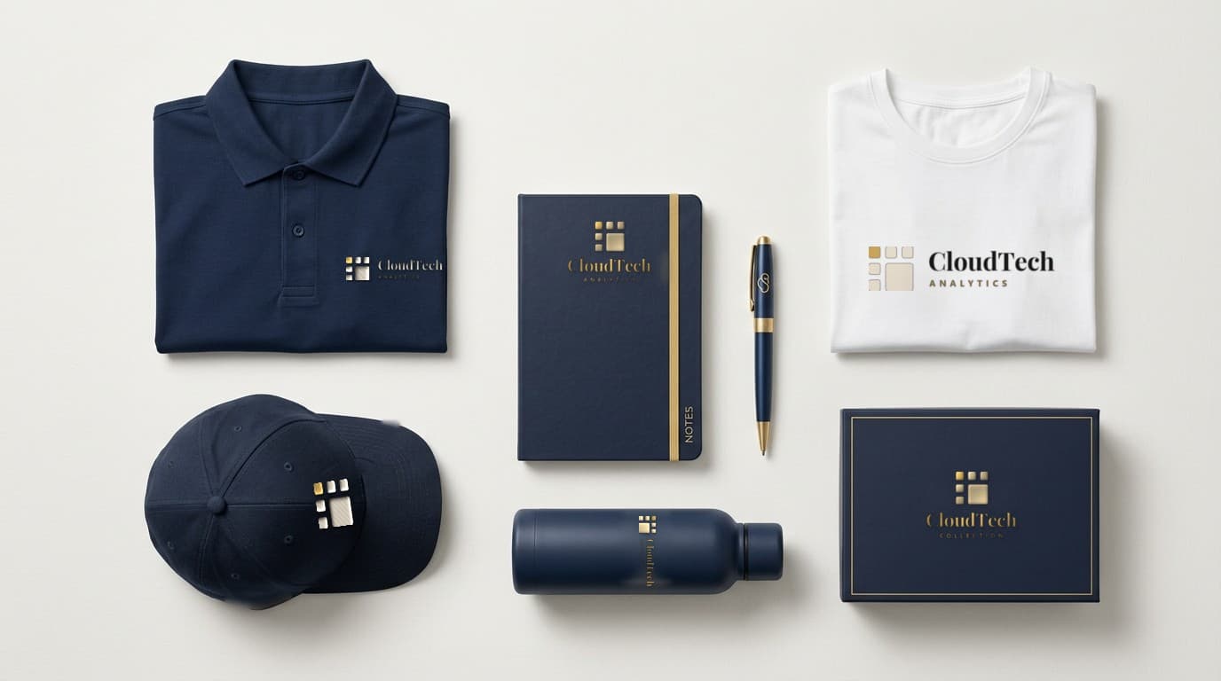 The CloudTech Collection: navy polo, white tee, cap, hardcover journal, pen, bottle and presentation box, all with the CloudTech logo